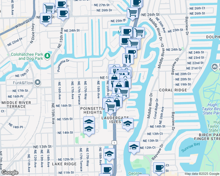 map of restaurants, bars, coffee shops, grocery stores, and more near 1708 Northeast 20th Avenue in Fort Lauderdale