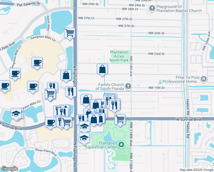 map of restaurants, bars, coffee shops, grocery stores, and more near 12051 Northwest 18th Court in Plantation