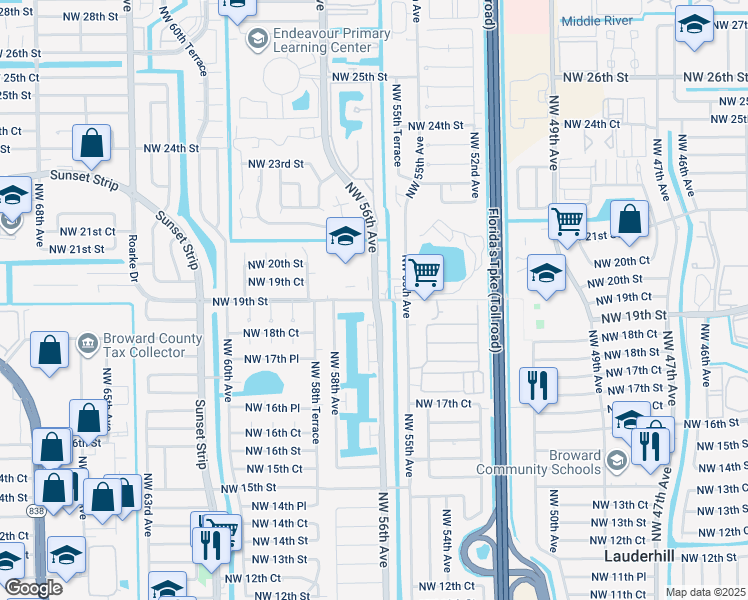 map of restaurants, bars, coffee shops, grocery stores, and more near Northwest 56th Avenue in Lauderhill
