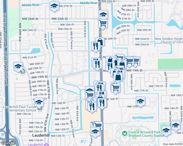 map of restaurants, bars, coffee shops, grocery stores, and more near 4042 Northwest 19th Street in Lauderhill