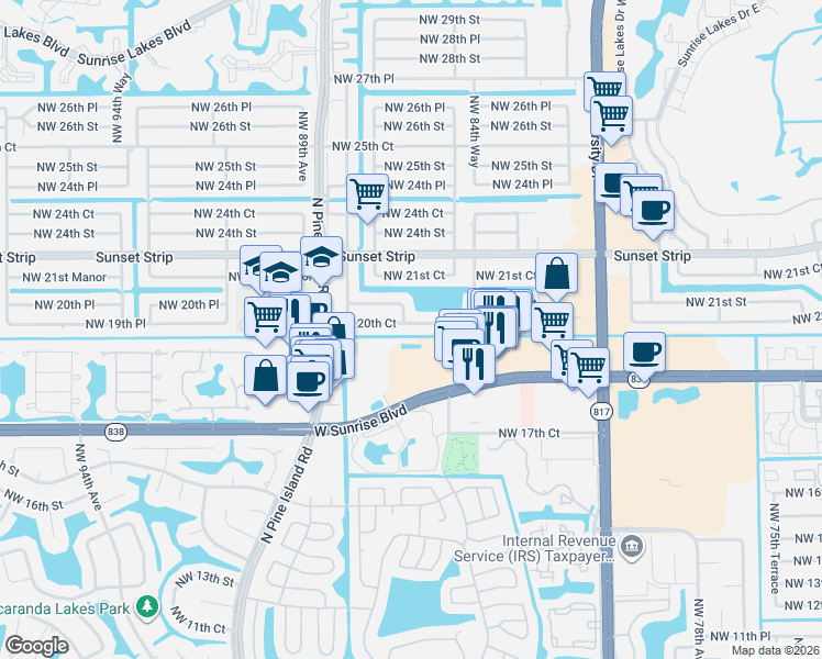 map of restaurants, bars, coffee shops, grocery stores, and more near 8600 Northwest 86th Avenue in Sunrise