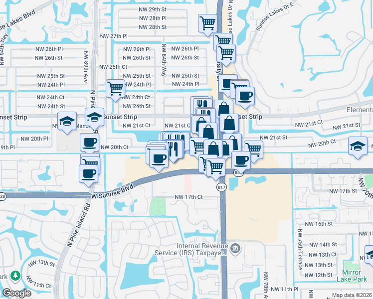 map of restaurants, bars, coffee shops, grocery stores, and more near 8370 Northwest 21st Street in Sunrise