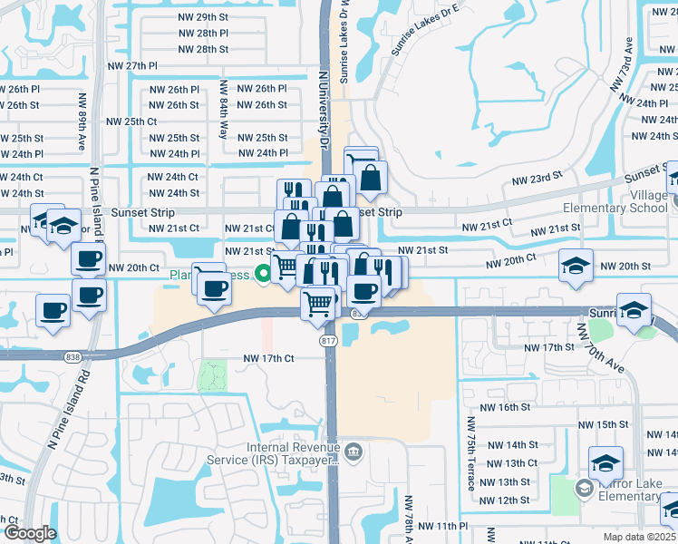 map of restaurants, bars, coffee shops, grocery stores, and more near 2071 Northwest 82nd Way in Sunrise