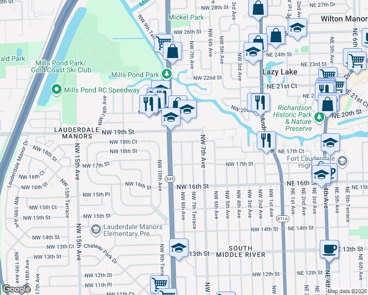 map of restaurants, bars, coffee shops, grocery stores, and more near 721 Northwest 18th Street in Fort Lauderdale