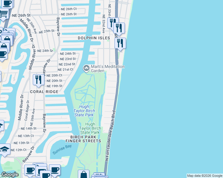 map of restaurants, bars, coffee shops, grocery stores, and more near 1711 North Fort Lauderdale Beach Boulevard in Fort Lauderdale