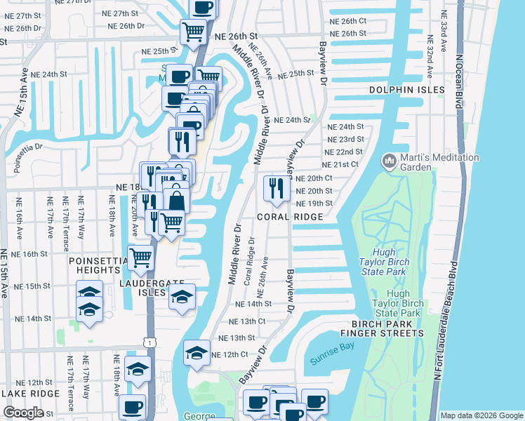 map of restaurants, bars, coffee shops, grocery stores, and more near 1826 Coral Ridge Drive in Fort Lauderdale