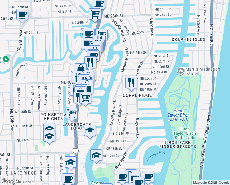 map of restaurants, bars, coffee shops, grocery stores, and more near 1821 Middle River Drive in Fort Lauderdale