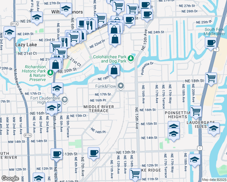 map of restaurants, bars, coffee shops, grocery stores, and more near 1015 Northeast 17th Court in Fort Lauderdale