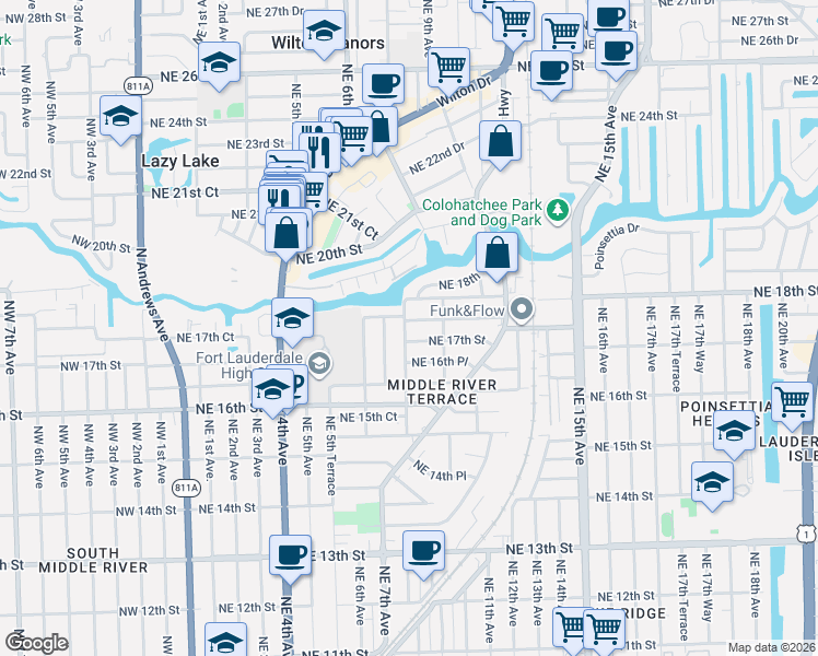 map of restaurants, bars, coffee shops, grocery stores, and more near 743 Northeast 17th Court in Fort Lauderdale