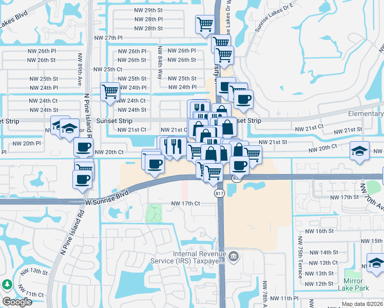 map of restaurants, bars, coffee shops, grocery stores, and more near 2079 North University Drive in Sunrise