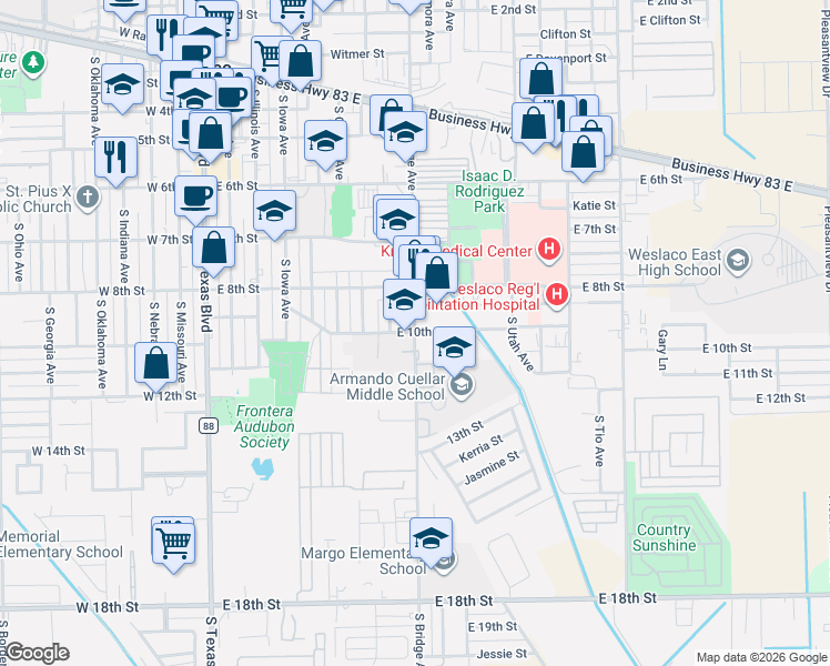 map of restaurants, bars, coffee shops, grocery stores, and more near 809 Orange Avenue in Weslaco