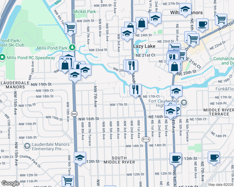 map of restaurants, bars, coffee shops, grocery stores, and more near 401 Northwest 17th Place in Fort Lauderdale