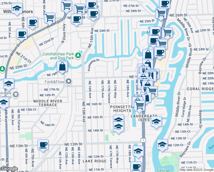 map of restaurants, bars, coffee shops, grocery stores, and more near 1717 Northeast 17th Terrace in Fort Lauderdale