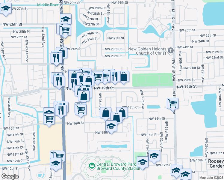 map of restaurants, bars, coffee shops, grocery stores, and more near 3579 Northwest 19th Street in Lauderdale Lakes