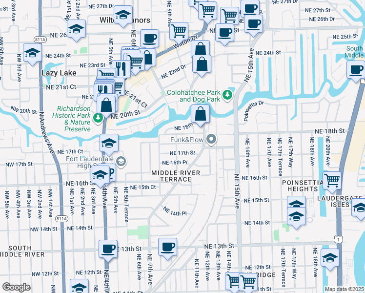 map of restaurants, bars, coffee shops, grocery stores, and more near 834 Northeast 18th Street in Fort Lauderdale