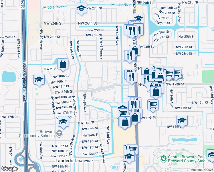 map of restaurants, bars, coffee shops, grocery stores, and more near 4221 Hidden Forest in Lauderhill