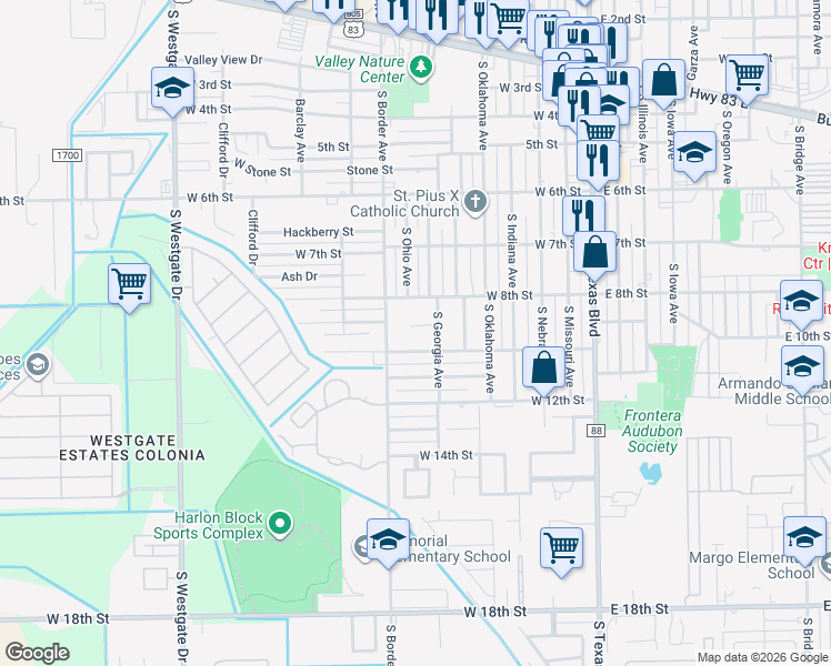 map of restaurants, bars, coffee shops, grocery stores, and more near 805 West 9th Street in Weslaco