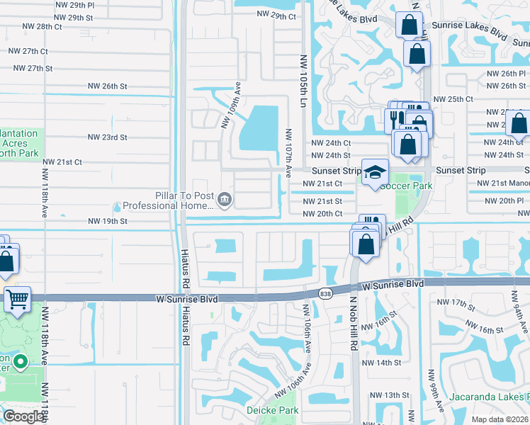 map of restaurants, bars, coffee shops, grocery stores, and more near 2060 Northwest 107th Terrace in Sunrise
