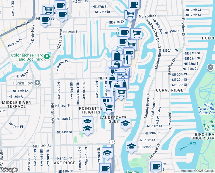 map of restaurants, bars, coffee shops, grocery stores, and more near 1712 Northeast 20th Avenue in Fort Lauderdale