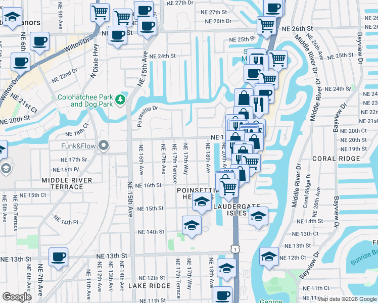 map of restaurants, bars, coffee shops, grocery stores, and more near 1728 Northeast 17th Way in Fort Lauderdale