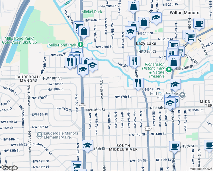 map of restaurants, bars, coffee shops, grocery stores, and more near 615 Northwest 18th Street in Fort Lauderdale