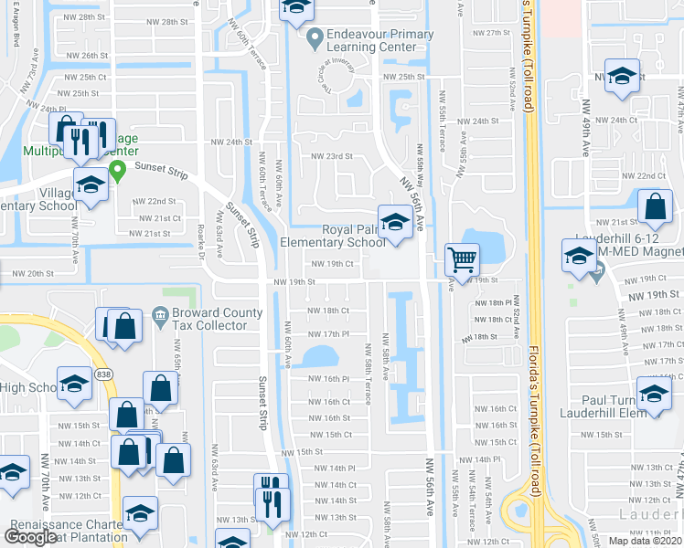 map of restaurants, bars, coffee shops, grocery stores, and more near 5915 Northwest 19th Court in Lauderhill