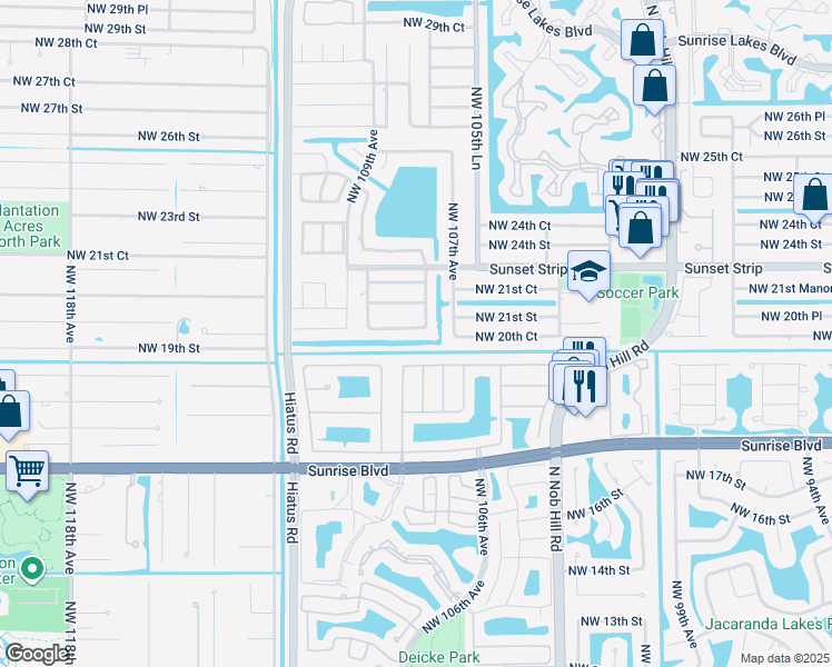 map of restaurants, bars, coffee shops, grocery stores, and more near 2060 Northwest 107th Terrace in Sunrise