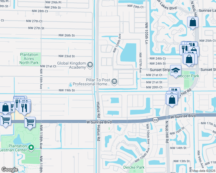 map of restaurants, bars, coffee shops, grocery stores, and more near 11041 Northwest 20th Court in Sunrise