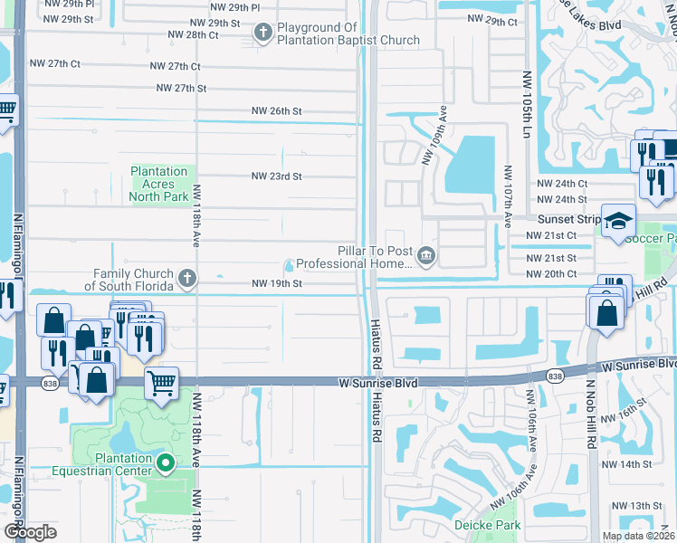 map of restaurants, bars, coffee shops, grocery stores, and more near 11261 Northwest 19th Court in Plantation