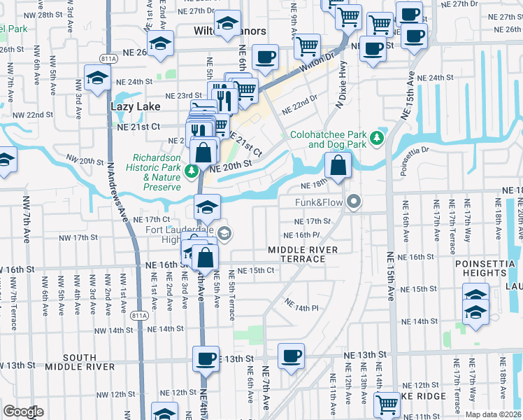 map of restaurants, bars, coffee shops, grocery stores, and more near 701 Northeast 17th Court in Fort Lauderdale