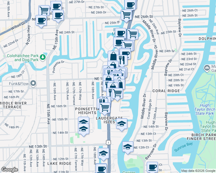 map of restaurants, bars, coffee shops, grocery stores, and more near 2003 Northeast 17th Court in Fort Lauderdale
