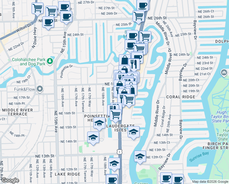 map of restaurants, bars, coffee shops, grocery stores, and more near 2003 Northeast 17th Court in Fort Lauderdale