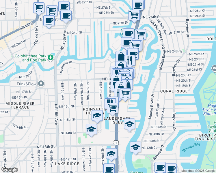 map of restaurants, bars, coffee shops, grocery stores, and more near 2003 Northeast 17th Court in Fort Lauderdale