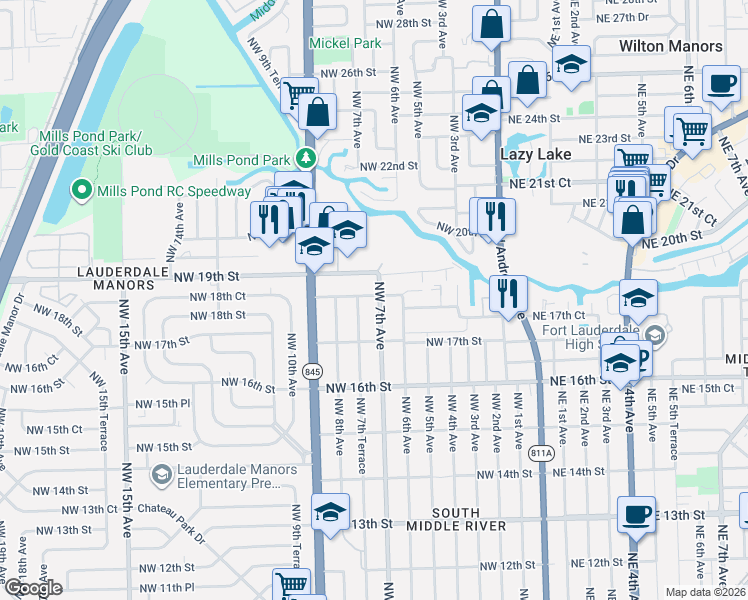 map of restaurants, bars, coffee shops, grocery stores, and more near 615 Northwest 18th Street in Fort Lauderdale