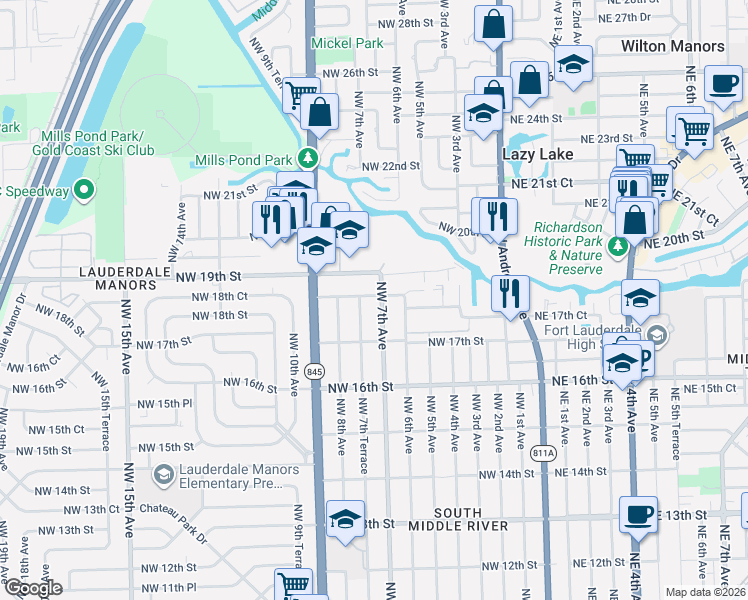 map of restaurants, bars, coffee shops, grocery stores, and more near 721 Northwest 18th Street in Fort Lauderdale