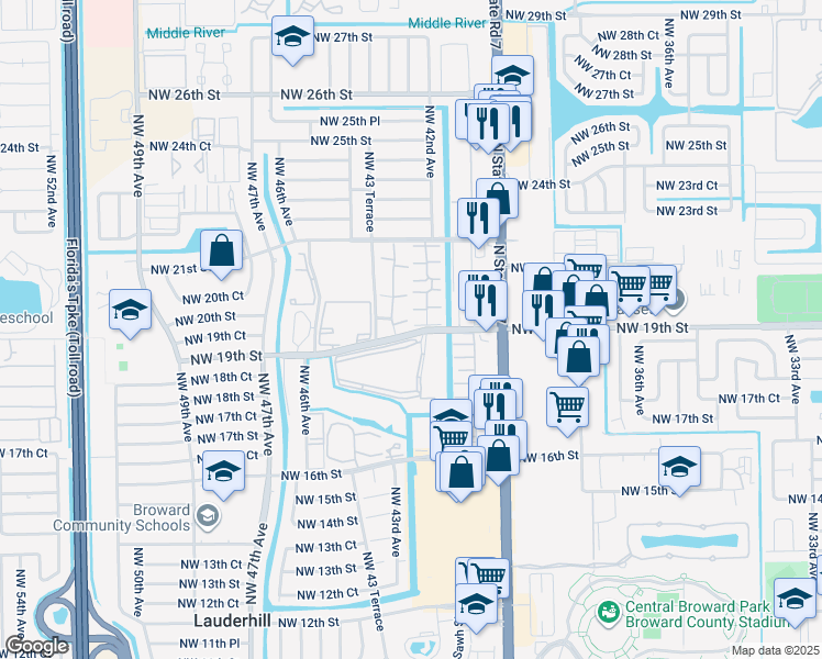 map of restaurants, bars, coffee shops, grocery stores, and more near 4221 Hidden Forest in Lauderhill