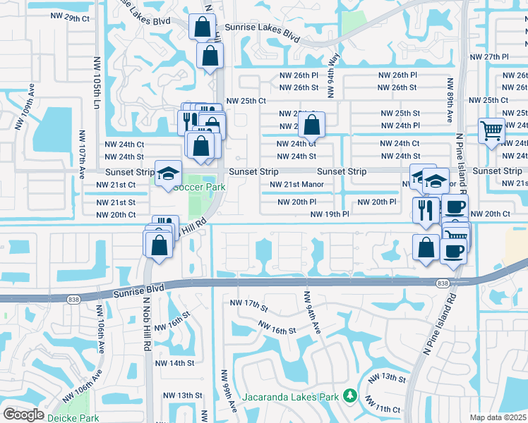 map of restaurants, bars, coffee shops, grocery stores, and more near 9770 Northwest 20th Place in Sunrise