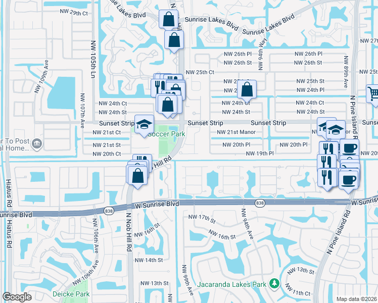 map of restaurants, bars, coffee shops, grocery stores, and more near 2080 Northwest 99th Way in Sunrise