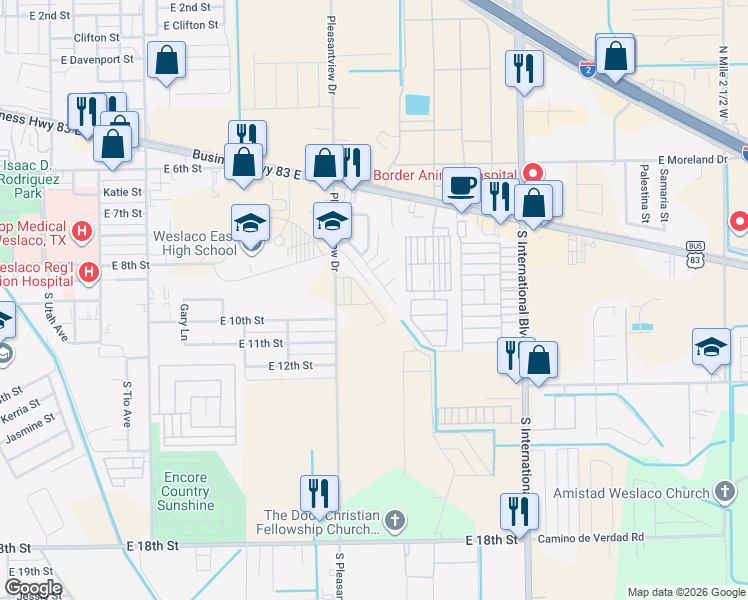 map of restaurants, bars, coffee shops, grocery stores, and more near 2327 Camelot Drive in Weslaco