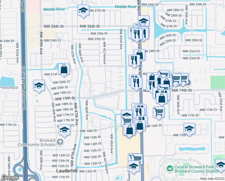 map of restaurants, bars, coffee shops, grocery stores, and more near 4221 Hidden Forest in Lauderhill