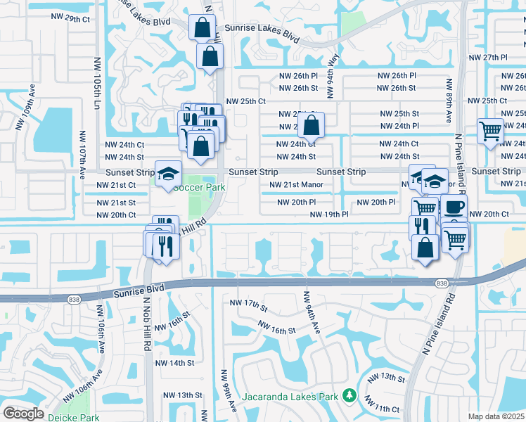 map of restaurants, bars, coffee shops, grocery stores, and more near 9770 Northwest 20th Place in Sunrise