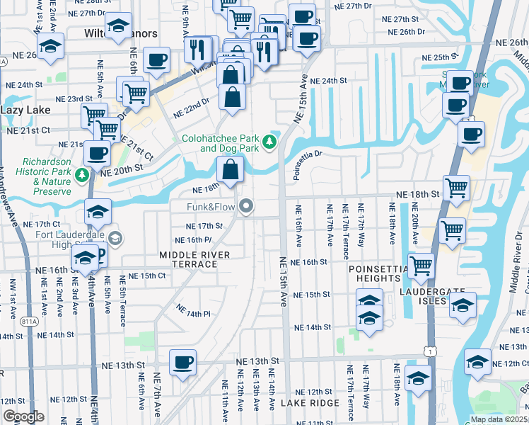 map of restaurants, bars, coffee shops, grocery stores, and more near 1401 Northeast 17th Court in Fort Lauderdale