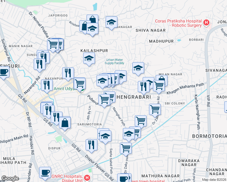 map of restaurants, bars, coffee shops, grocery stores, and more near Hengrabari Road in Guwahati