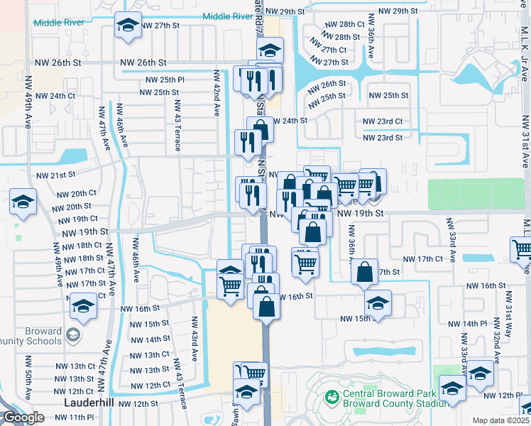 map of restaurants, bars, coffee shops, grocery stores, and more near 3999 Northwest 19th Street in Lauderdale Lakes