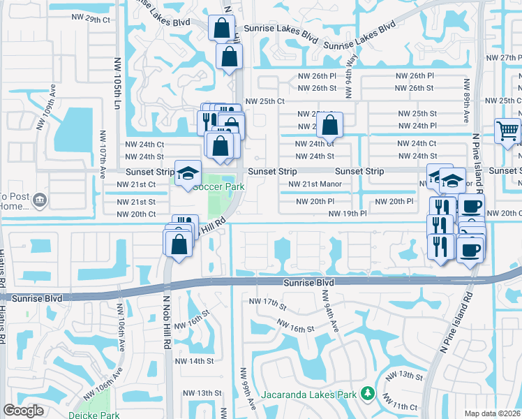 map of restaurants, bars, coffee shops, grocery stores, and more near 2020 Northwest 99th Way in Sunrise