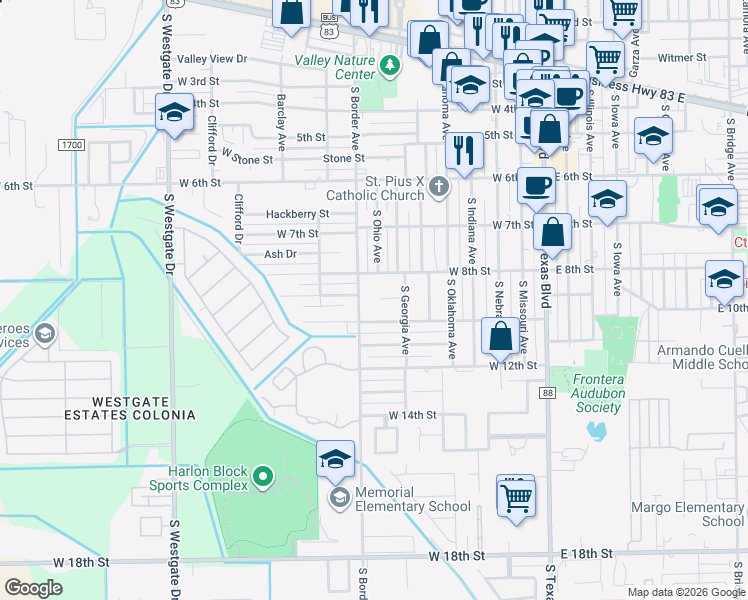 map of restaurants, bars, coffee shops, grocery stores, and more near 805 West 9th Street in Weslaco