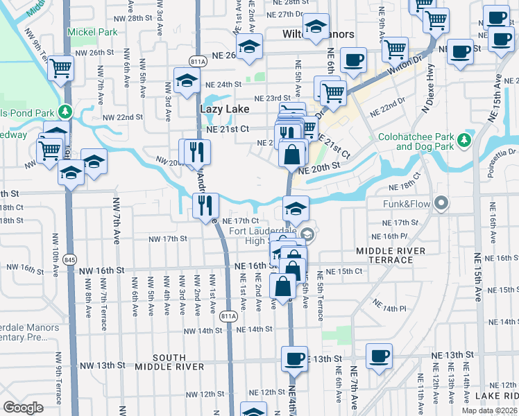 map of restaurants, bars, coffee shops, grocery stores, and more near 1732 Northeast 3rd Avenue in Fort Lauderdale