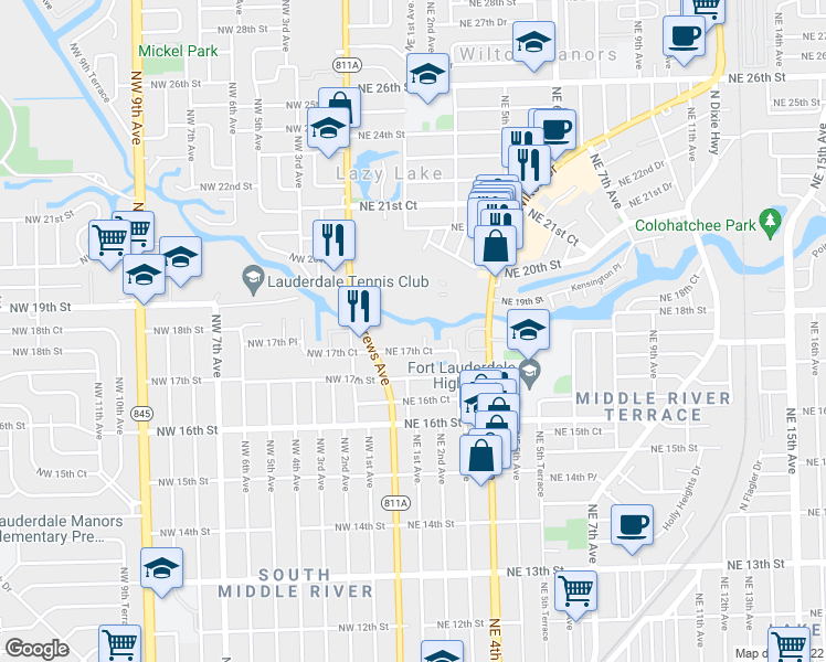 map of restaurants, bars, coffee shops, grocery stores, and more near 1740 Northeast 2nd Avenue in Fort Lauderdale