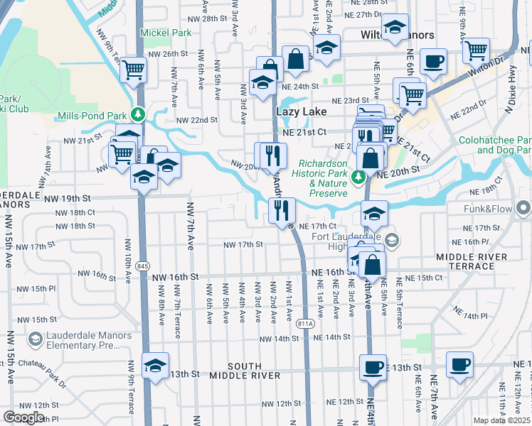 map of restaurants, bars, coffee shops, grocery stores, and more near 3550 North Andrews Avenue Extension in Fort Lauderdale