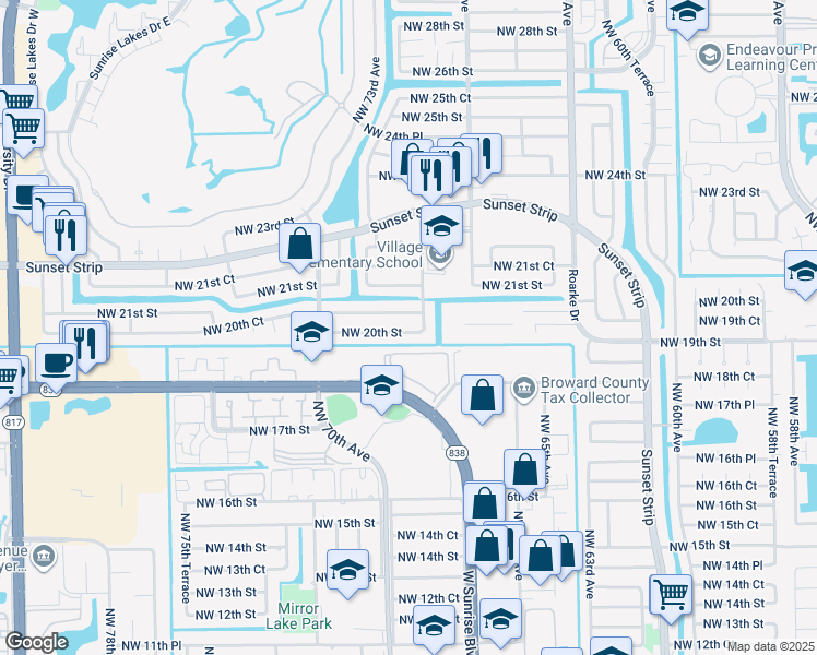map of restaurants, bars, coffee shops, grocery stores, and more near 7000 Northwest 20th Court in Sunrise
